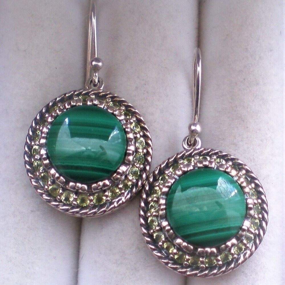 Designer Sterling Silver 925 Green Malachite Peridot Cluster Dangle Earrings
